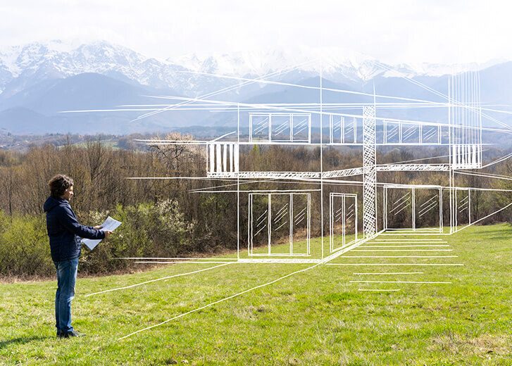 MId age man holding blueprint in front of handdrawn model of a new house