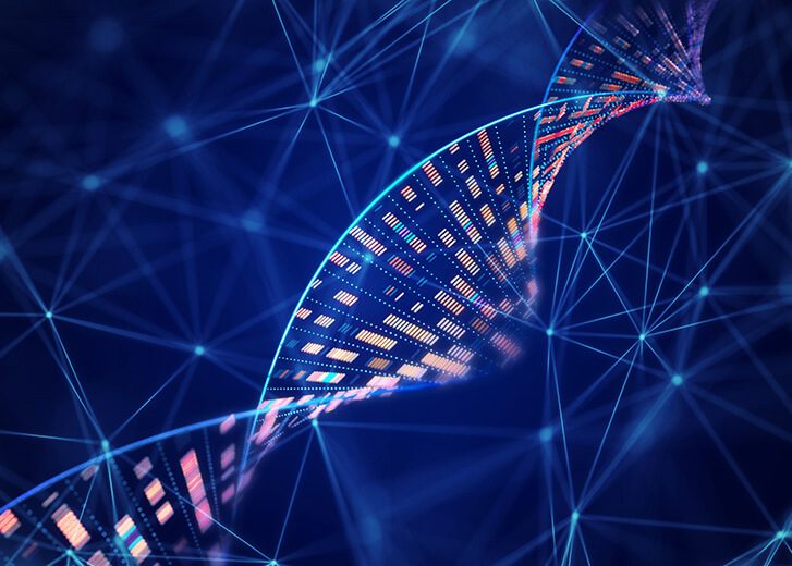 DNA molecular structure with sequencing data of human genome analysis and wire mesh network.