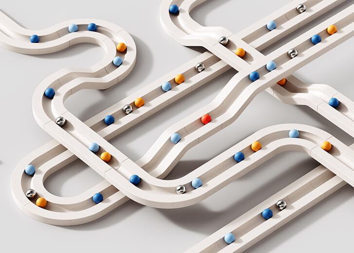 Digitally generated image of rolling objects that follow a set path. Marble run. The concept of choice. Image showing the different choices in the same time can create the different results