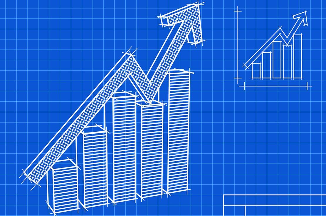 A combined bar and line graph in blueprint vector style.